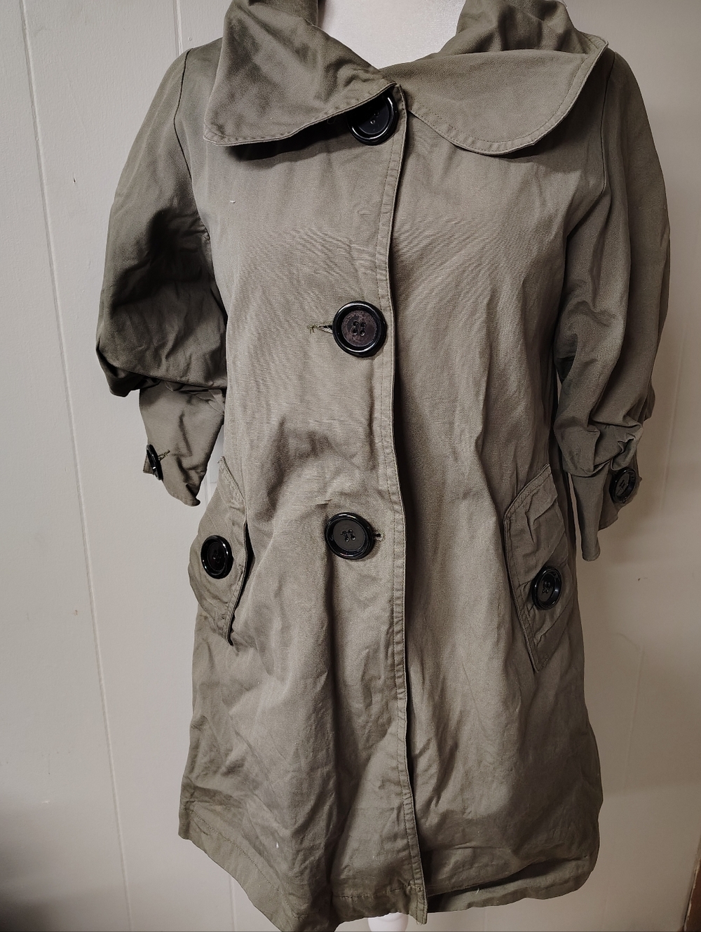 Hazel Anthropology Olive Green Button-Front Trench Coat